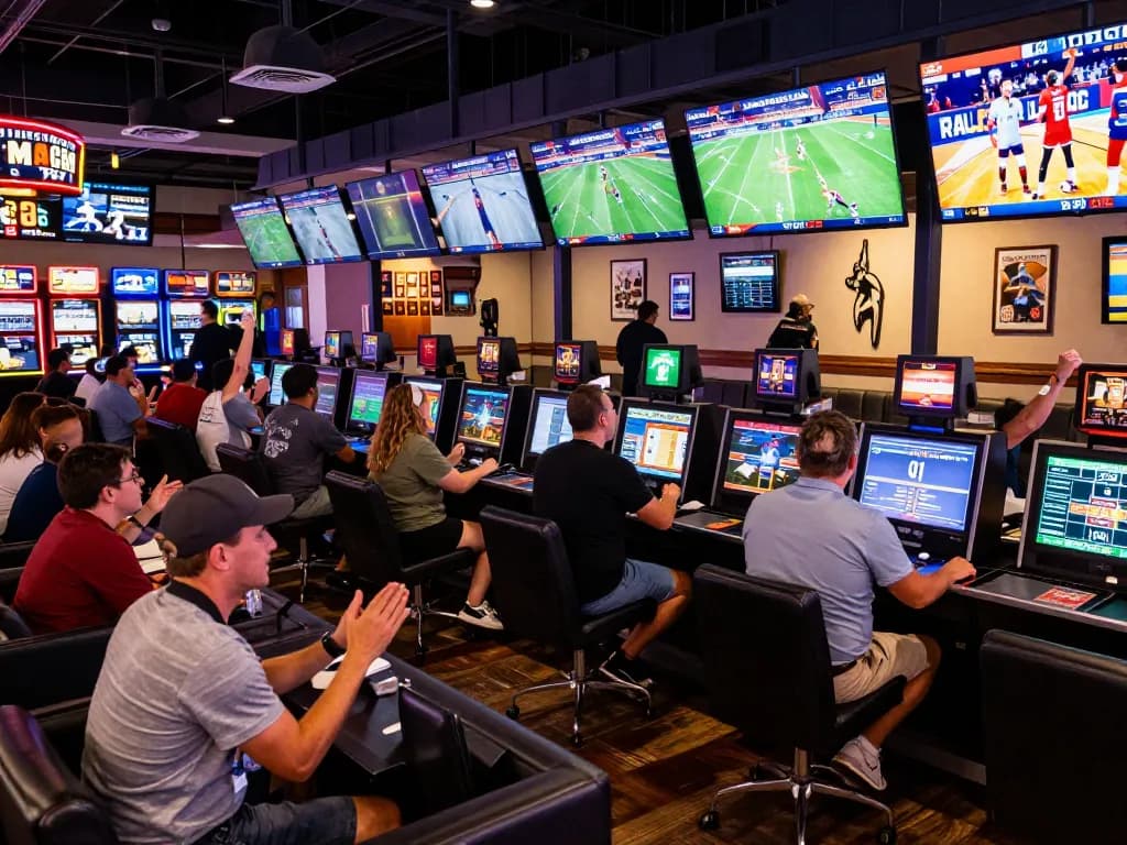 Engaged fans placing bets at a lively Las Vegas sportsbook for 89bet during a major sports event