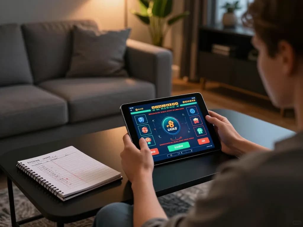 Engaging with the luck8 casino app on a tablet at home, showcasing modern online gaming.