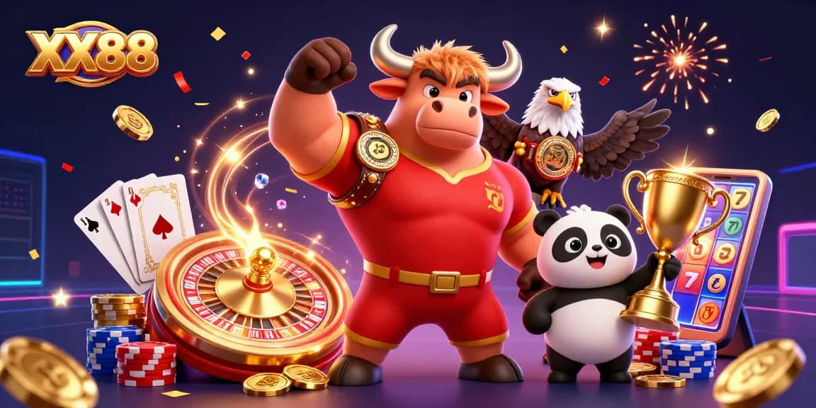 Engage with XX88's dynamic casino atmosphere featuring a victorious bull mascot, eagle, and panda.