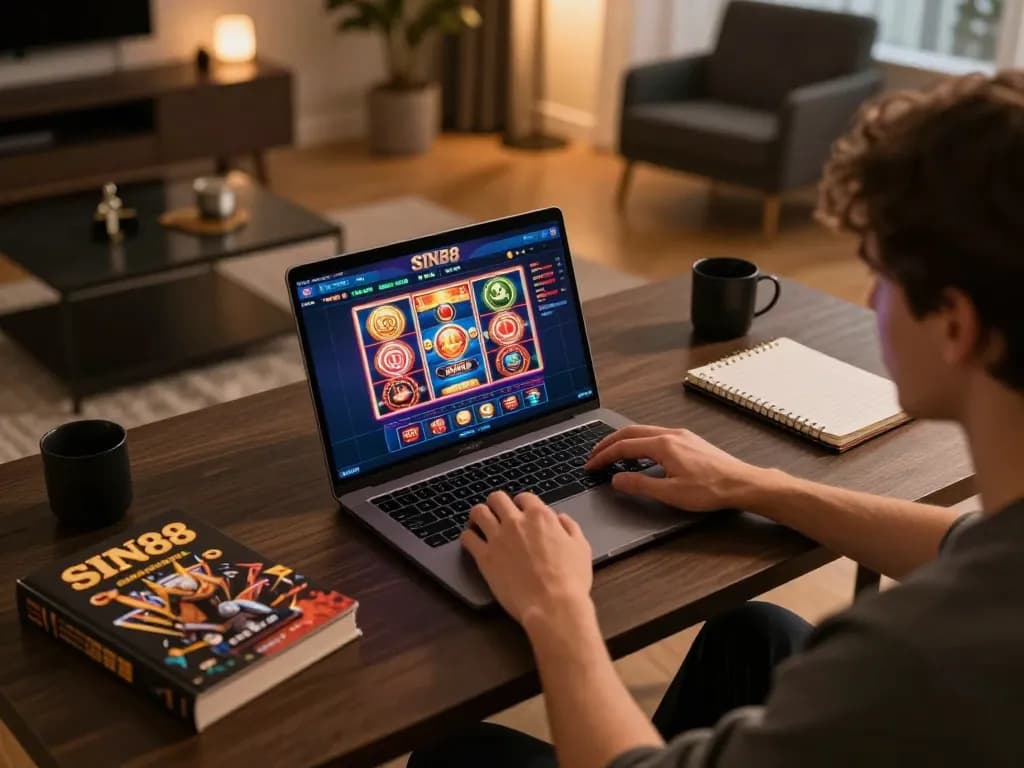 SIN88 user enjoying casino games on laptop amidst cozy gaming setup.