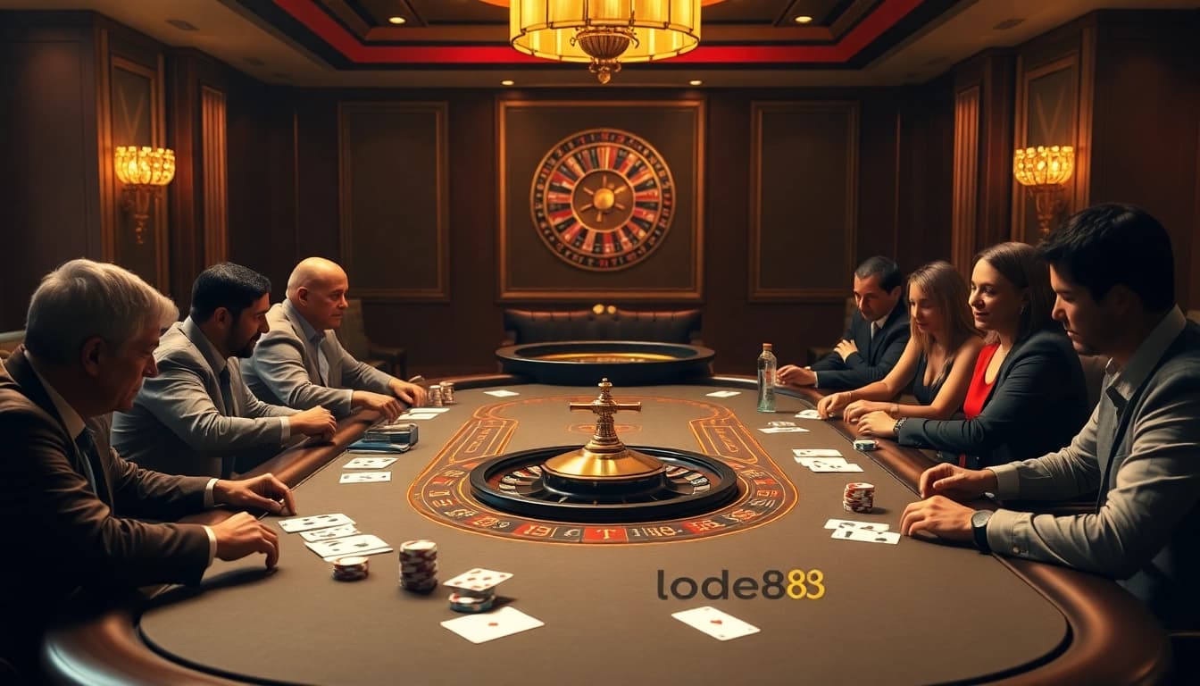 Lode88 poker players strategizing at an upscale casino table with vibrant chips and cards.