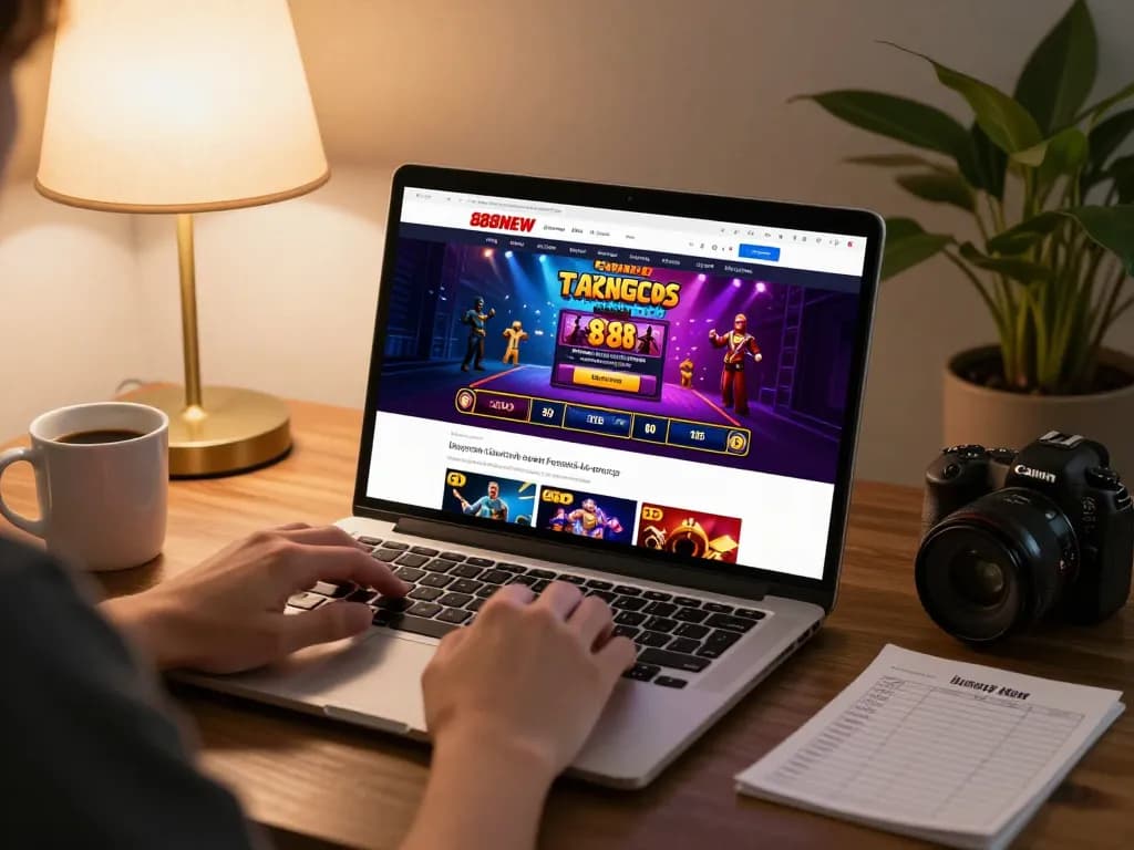 Engaging scene showcasing Trang chủ 888NEW on a laptop, illustrating online gaming excitement and strategy.