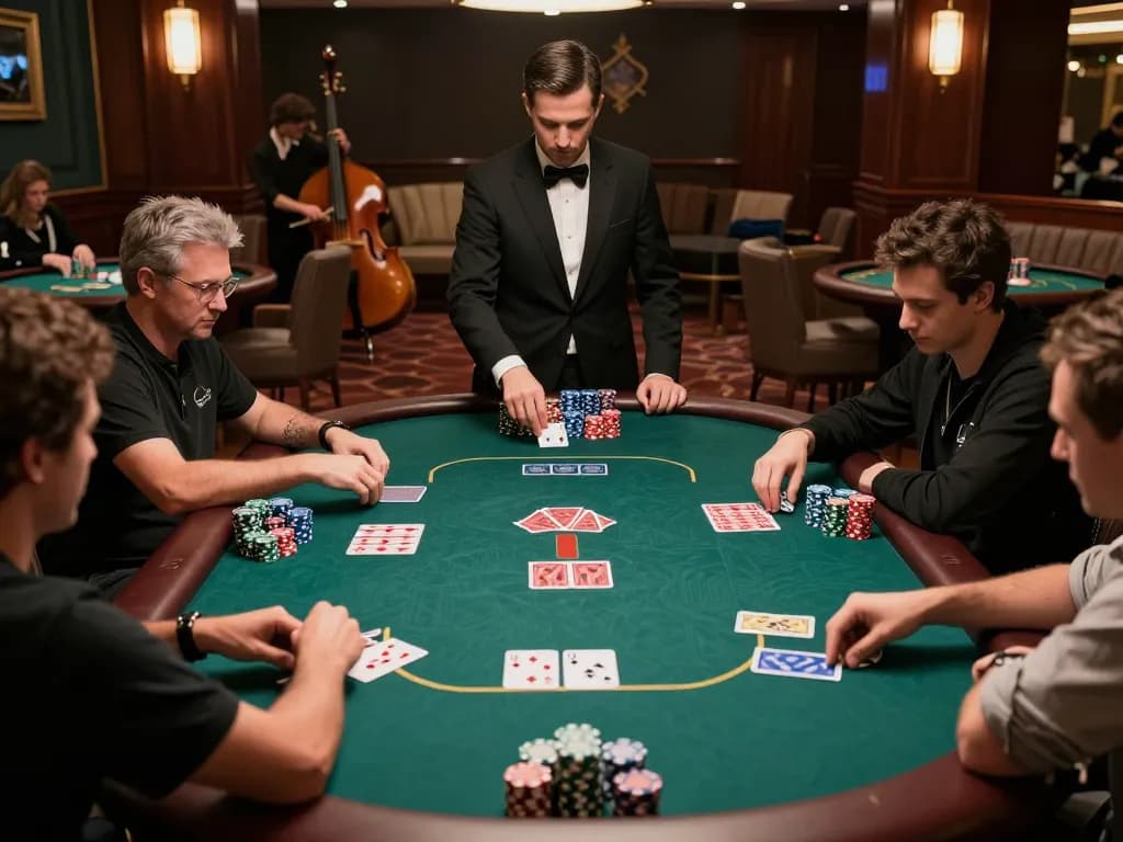 Twin68 players strategizing during an intense poker game in an upscale casino.