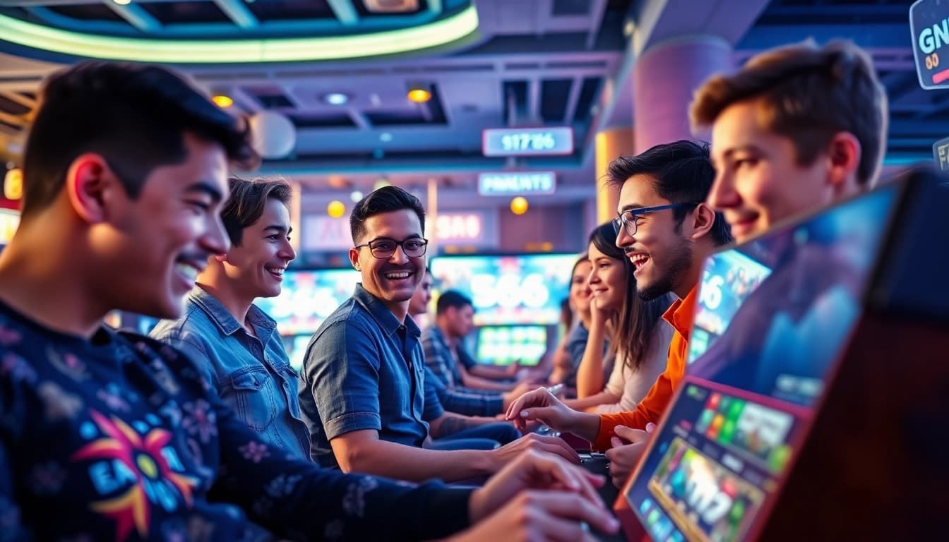Engaging players in diverse games at SV66 platform under bright lights, showcasing online gaming excitement.