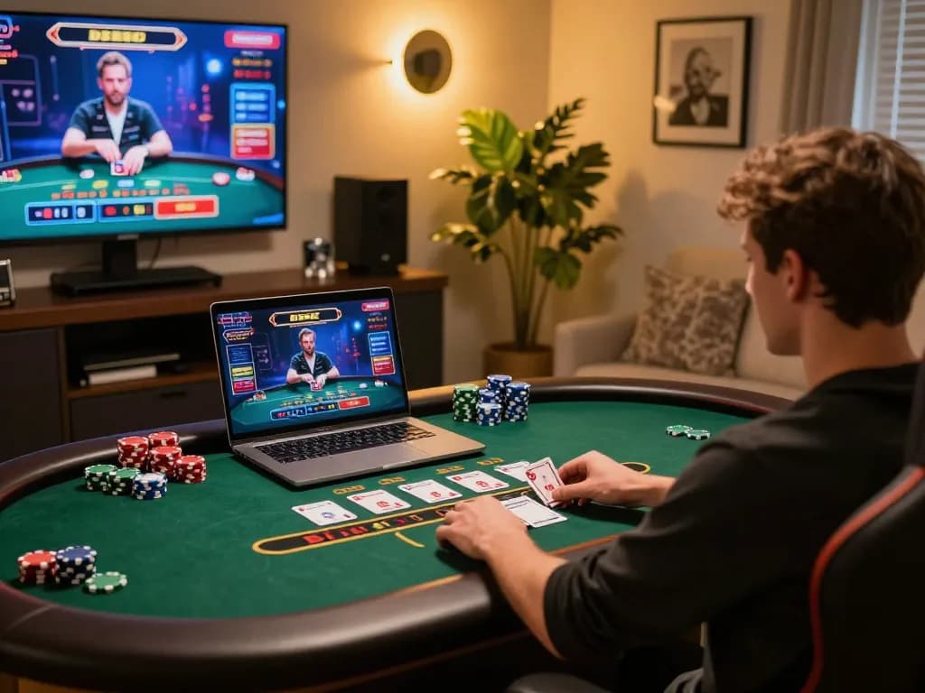 Player enjoying O8 live dealer blackjack in a modern online gaming setup with vibrant visuals.