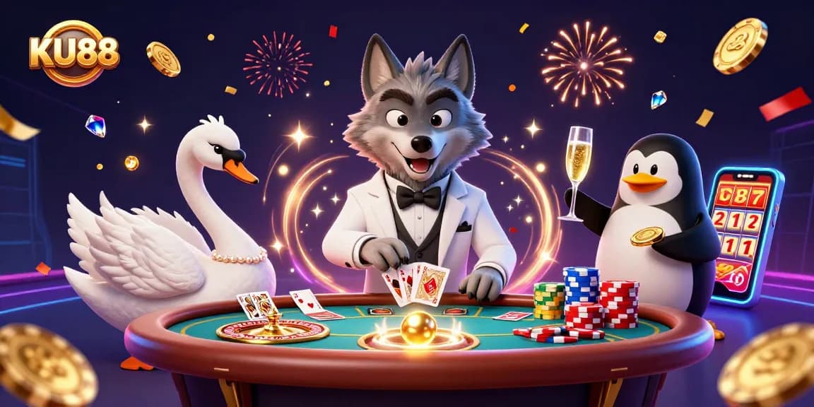 KU88 captures the thrill of online casino gaming with vibrant characters and dynamic elements.