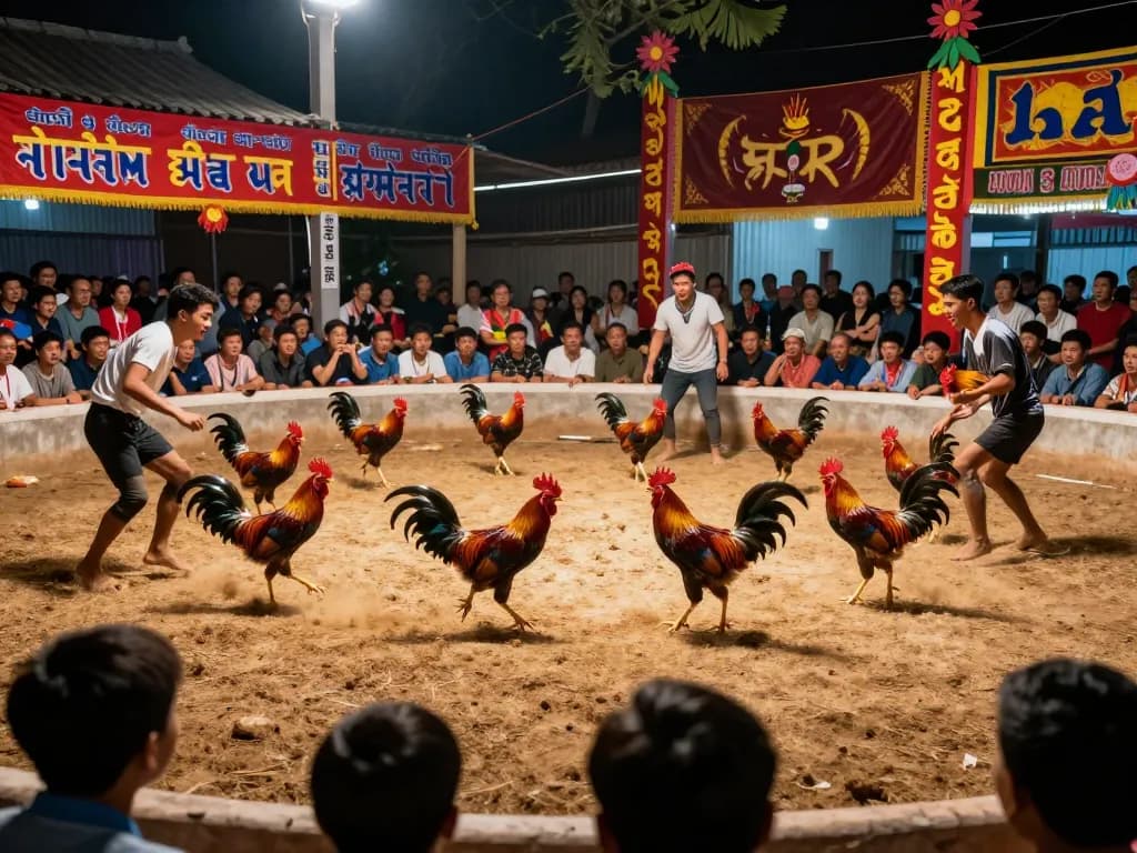 View of cockfighting match showcasing intense competition; đá gà thomo mới nhất excitement in every moment.