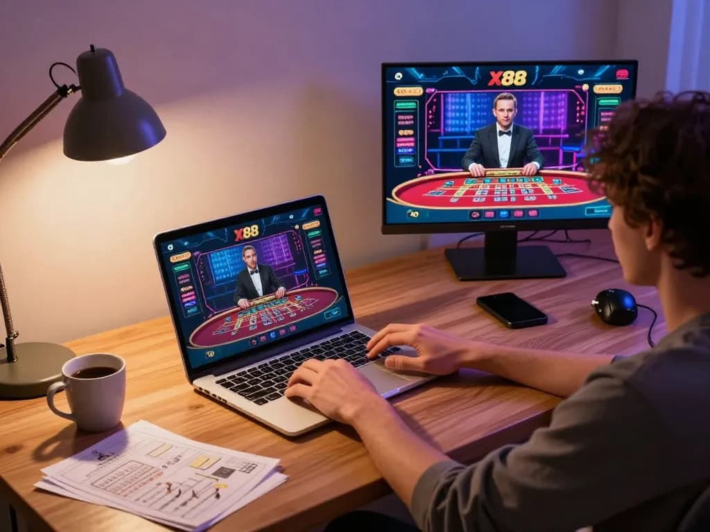X88 user engaging in online casino gameplay on laptop with live dealer interface, showcasing a strategic gambling experience.