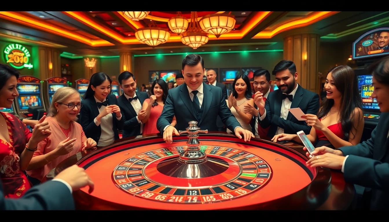 A dynamic casino scene where players enjoy games at zo88, showcasing excitement at the roulette table with vibrant chips and engaging interactions.