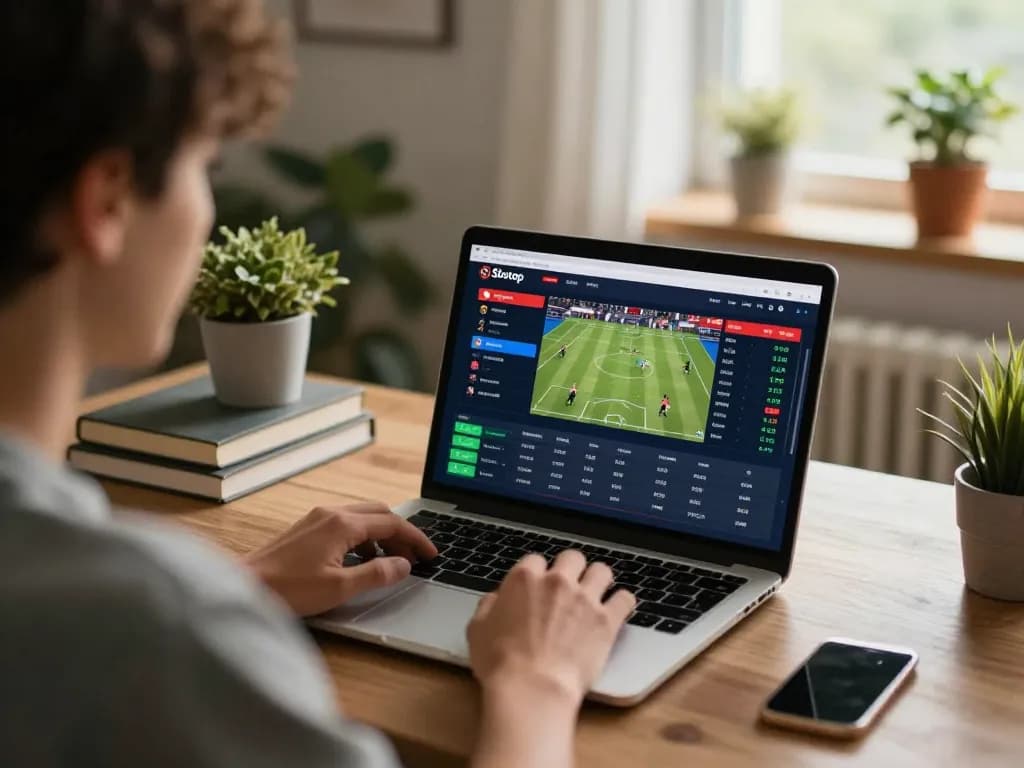Placing live sports bets on Sbotop with a sleek laptop interface showing odds and matches