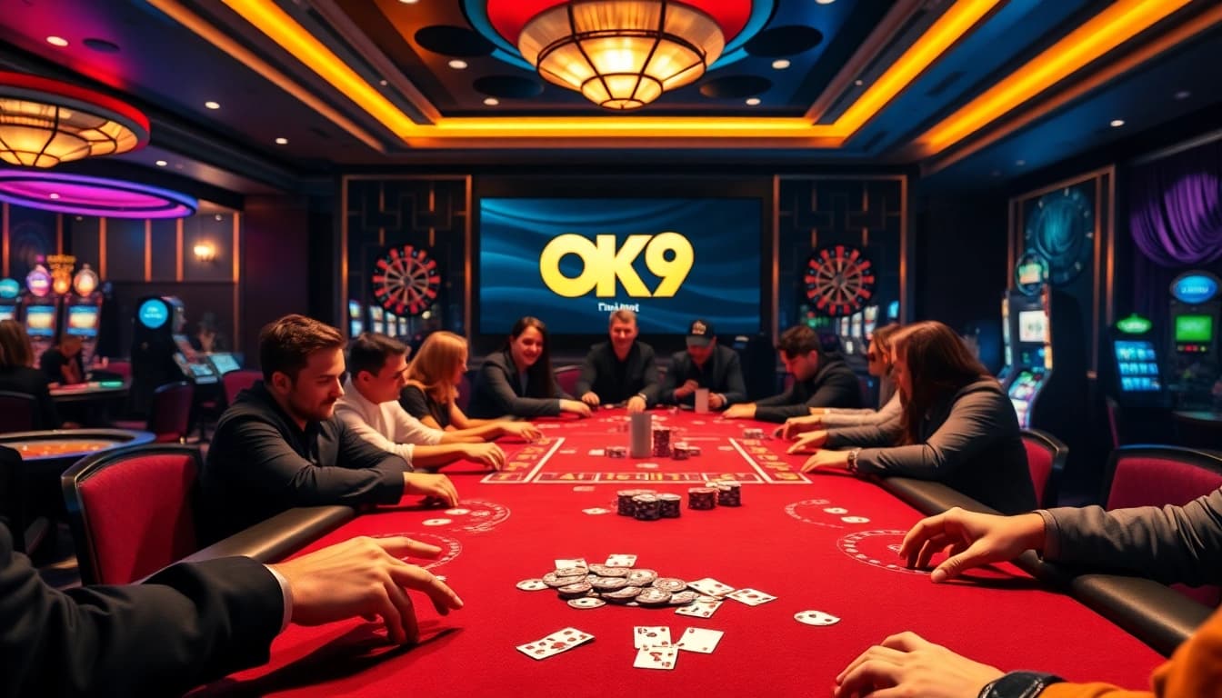 Experience high-stakes poker at OK9 with vibrant colors and engaging players.