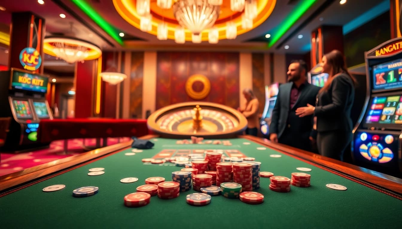 KJC gaming table with poker chips and cards, highlighting luxury and excitement in gambling.