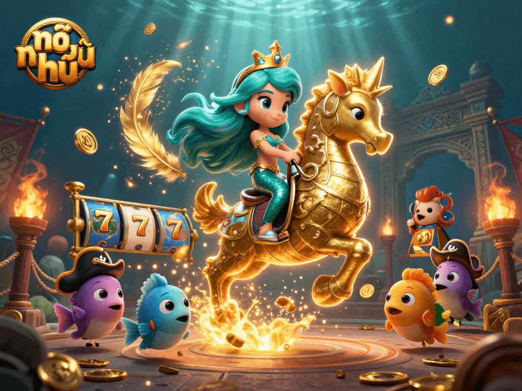 Engage with nổ hũ in an underwater casino scene featuring a mermaid princess and seahorse.