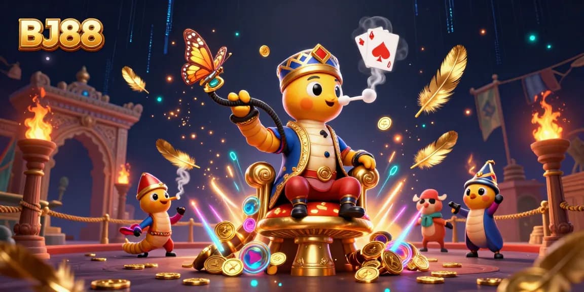 Experience the excitement of BJ88 with 3D illustrations of unique casino elements and a vibrant atmosphere.