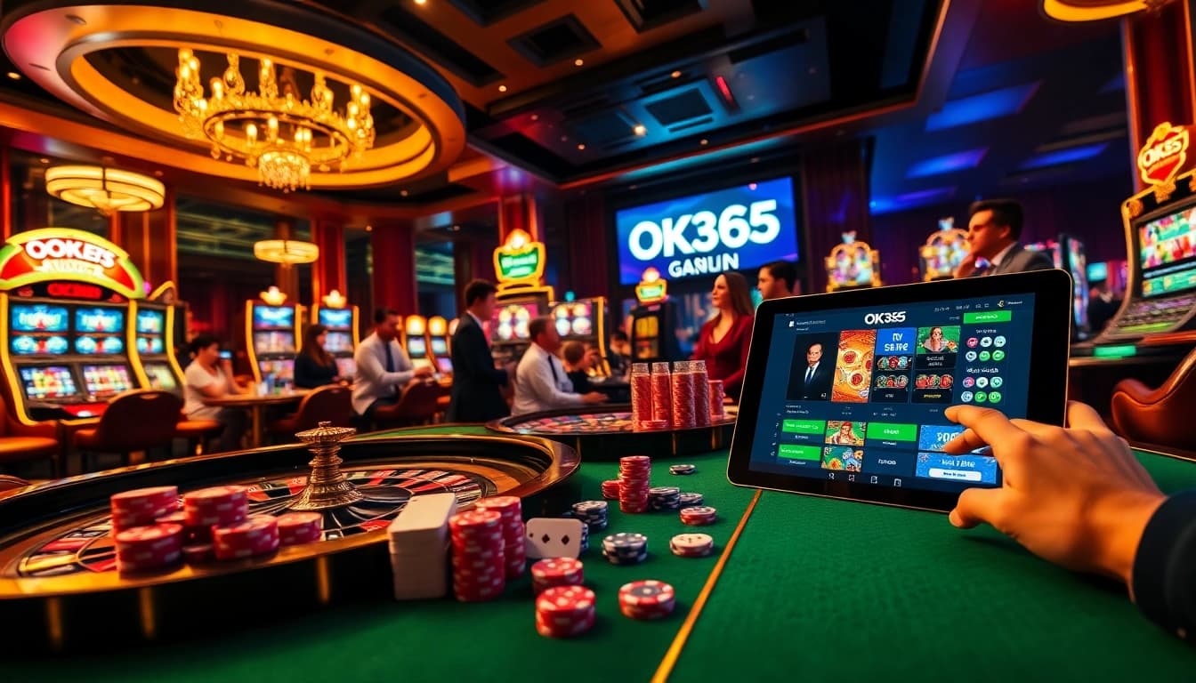 Players celebrate wins at OK365 casino table as they engage in various games and betting action.