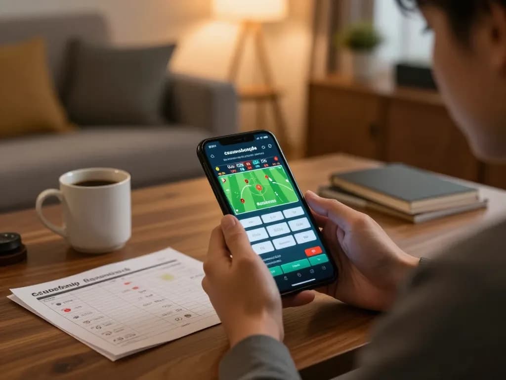 Cacuocbongda sports betting app displayed on mobile device in warm home setting.