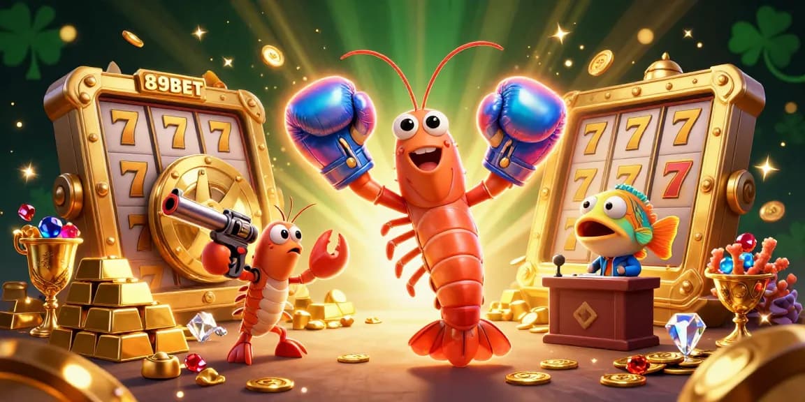 Spin the reels at 89BET with vibrant cartoon shrimp characters amidst gold treasures and rich slot game elements.