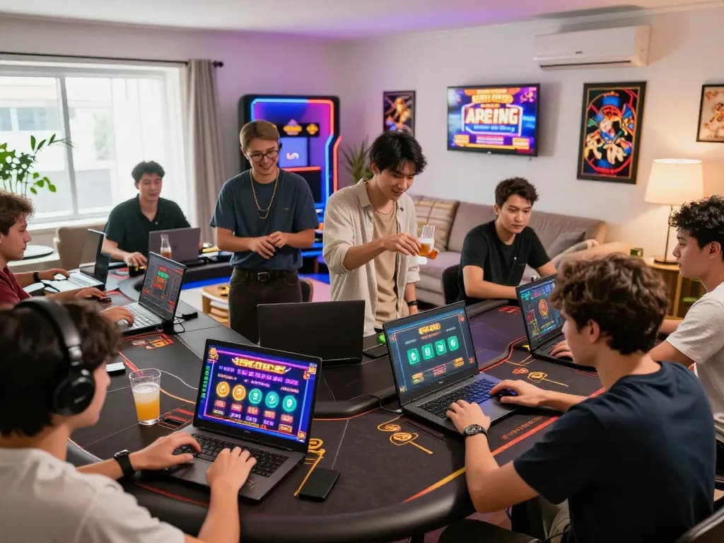 Players strategizing and enjoying the hit-club gaming experience at home using laptops and tablets.