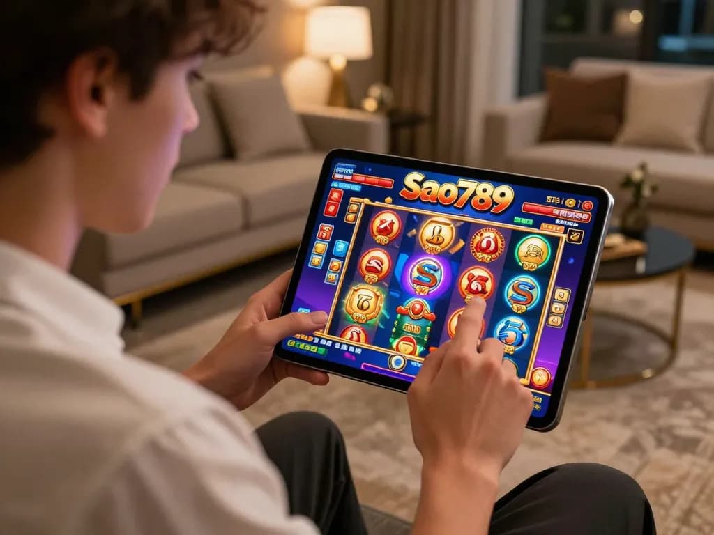 Sao789 player engaged in mobile gaming in stylish living room, showcasing vibrant slot game interface.