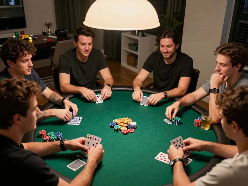 Players strategize in a competitive poker game at home, enhancing the vebotv experience.