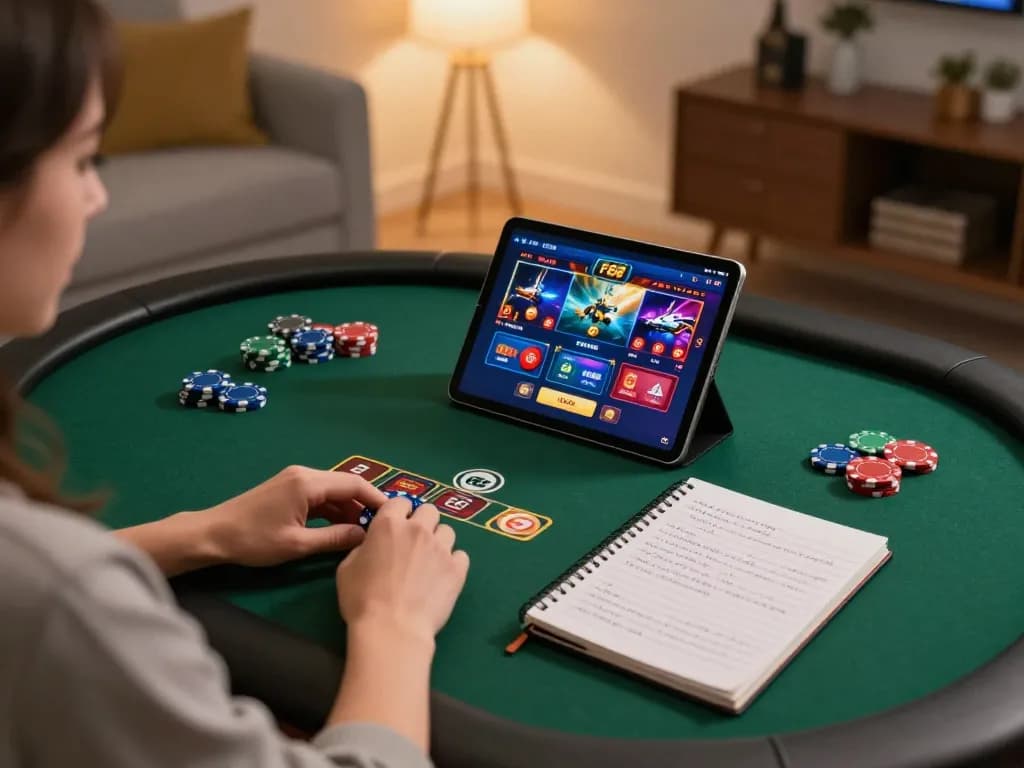 F168 player enjoying online casino gameplay on tablet with strategic notes on table