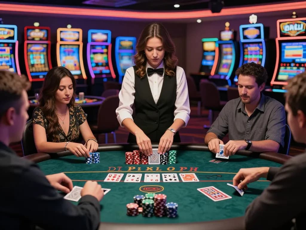 Players at the SC88 blackjack table strategizing their bets as the dealer shuffles cards.