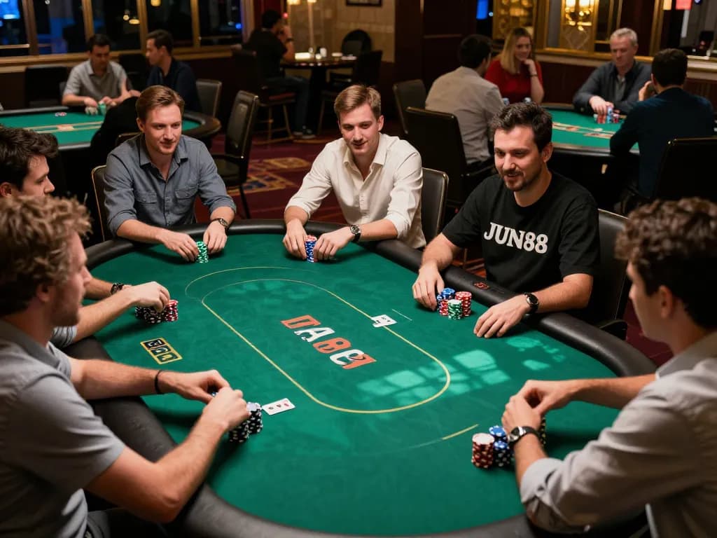 Players at JUN88 enjoying an exhilarating poker game with vibrant chips and rich casino decor.