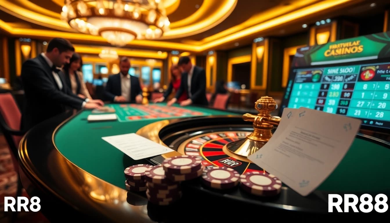 Exciting casino scene with a focus on RR88, featuring a roulette table and gamblers.