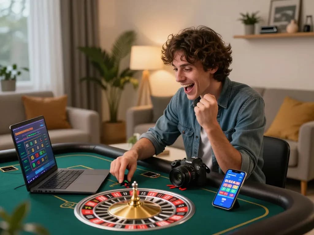 Bsport user interacting with live dealer roulette online in a cozy home setting