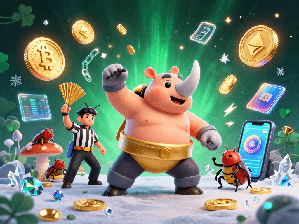 Experience the thrill of iwin with vibrant 3D illustration showcasing a beetle sumo champion amidst flying coins and crypto elements.