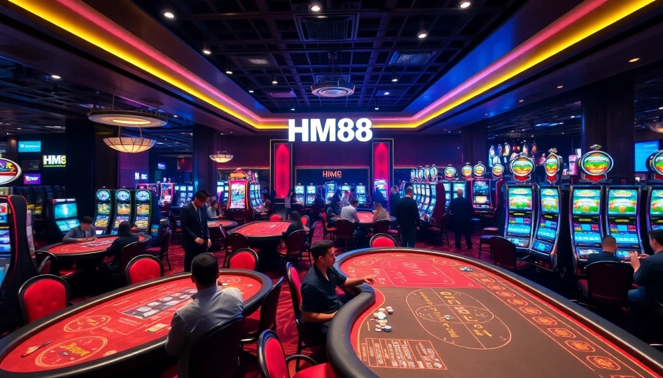Gamblers celebrating wins at HM88 casino, showcasing vibrant gaming tables and excitement.
