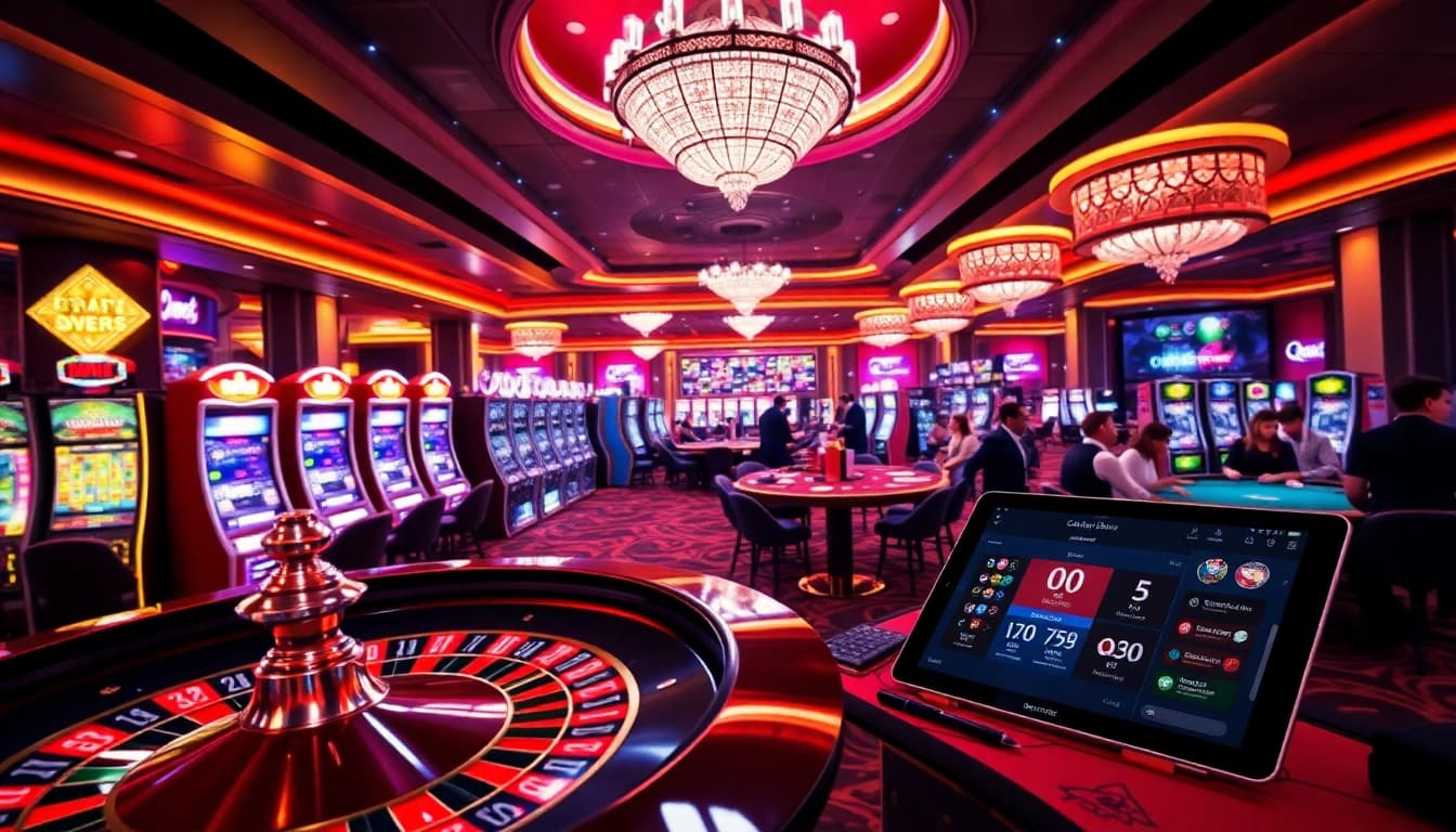 Players engaging at QQ88's vibrant casino floor with lively games and luxurious ambiance.