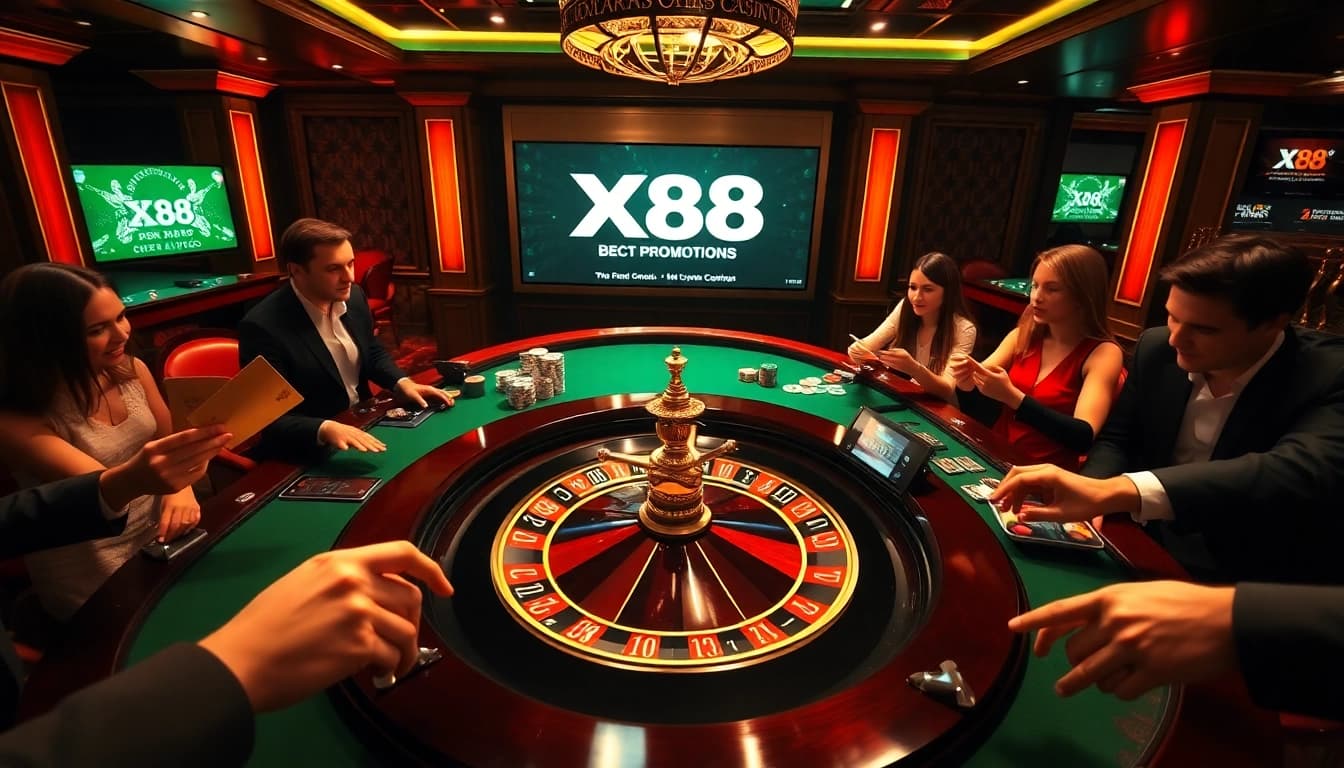 X88 players enjoying a thrilling game at a luxurious casino, showcasing luxury and excitement.