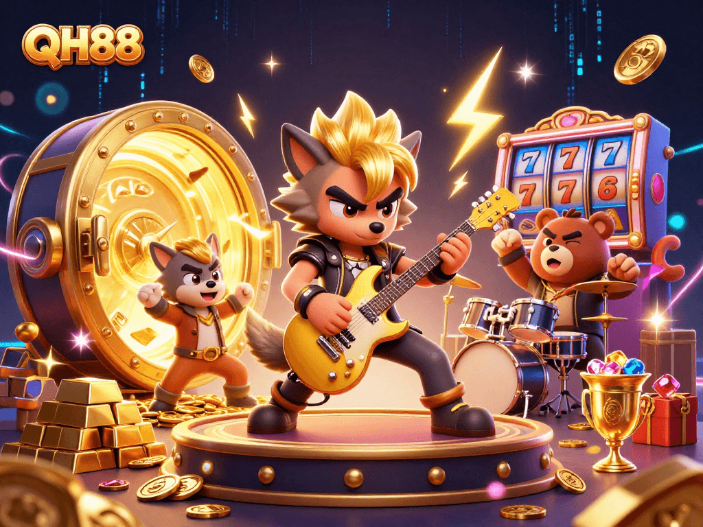 Engage with the lively QH88 casino scene featuring a rock star wolf and drummer bear in action.