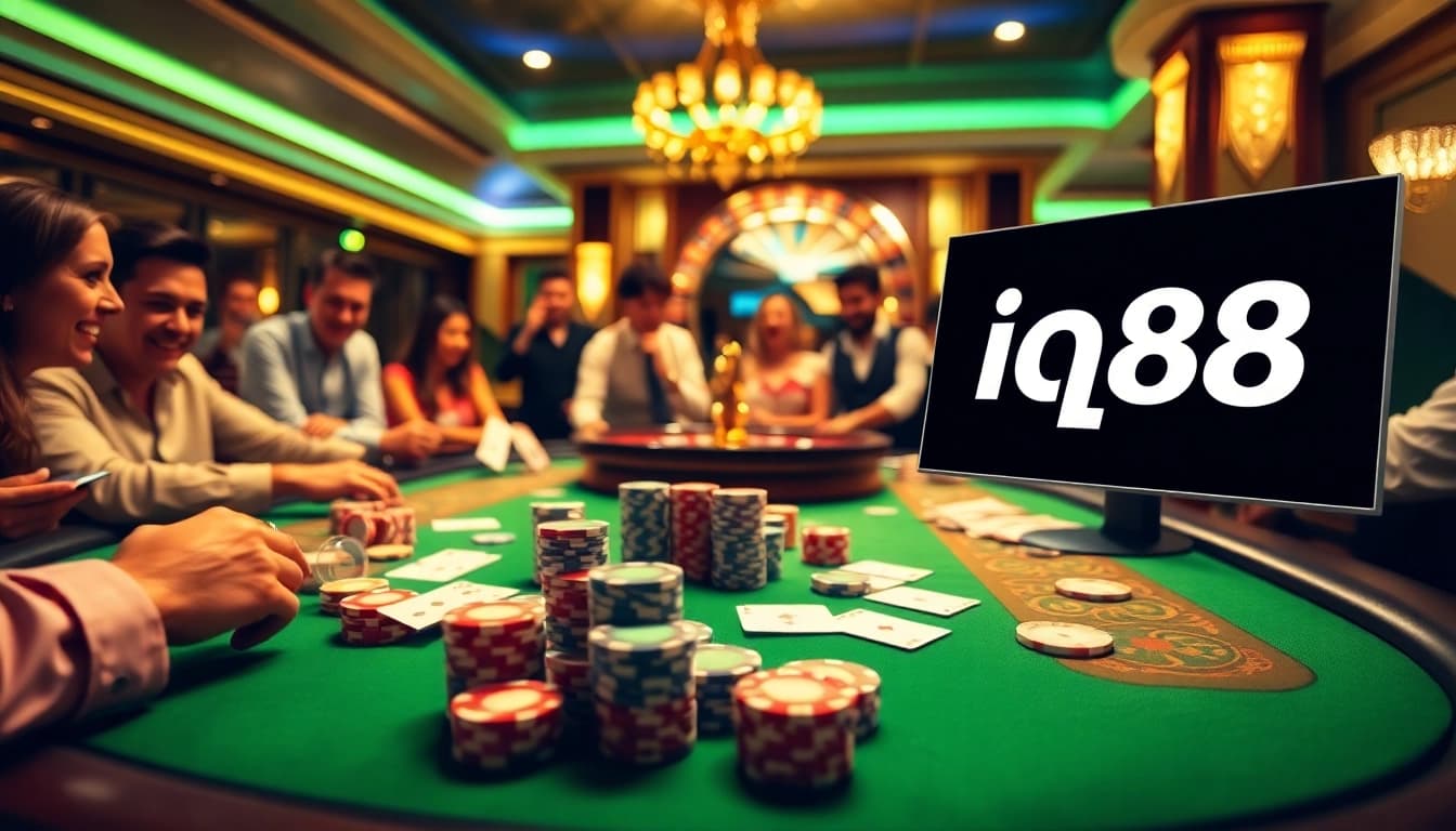 Players enjoying poker at a luxurious casino table with iq88 branding visible.