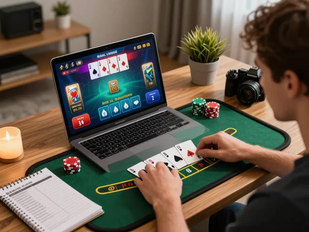 Player managing strategic bets at rr88 online blackjack in a cozy home setup.