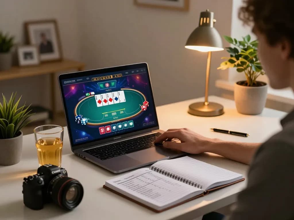 MAY88 gaming enthusiast engaged in online poker session at home, analyzing strategies.