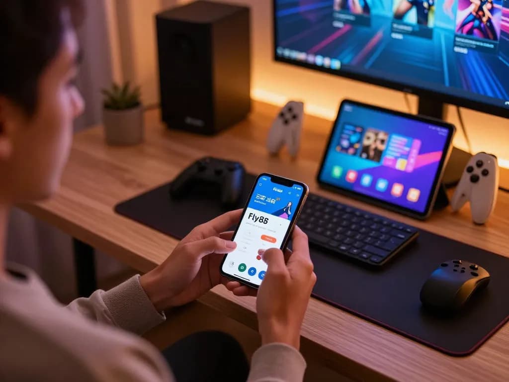 Engaging with the Fly88 app for registration while enjoying a cozy home gaming atmosphere