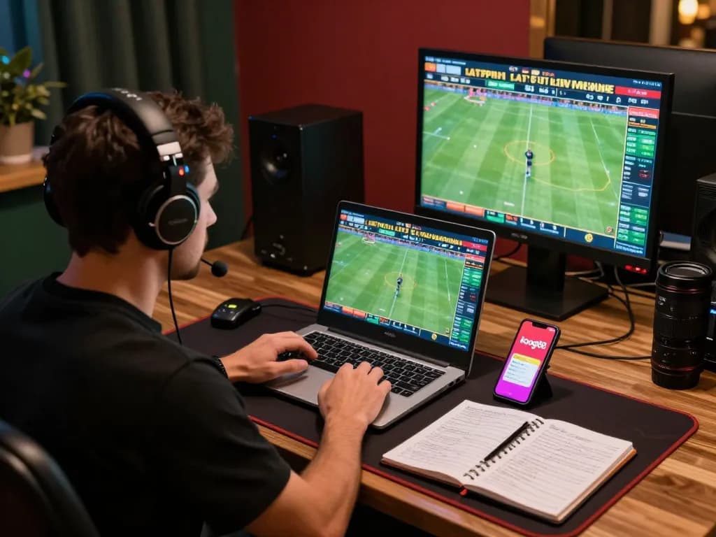 Person engaged in sports betting on kong88 app, showcasing a strategic gambling setup at home.