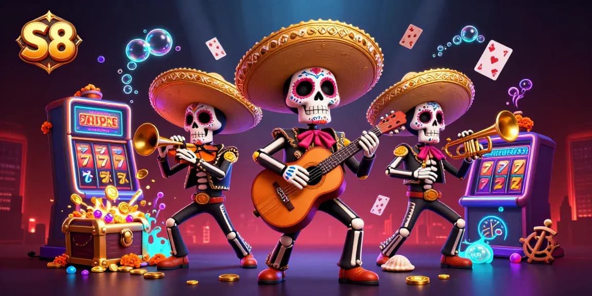 S8 Casino theme featuring colorful Dia de los Muertos skeleton band with slot reels and treasure elements