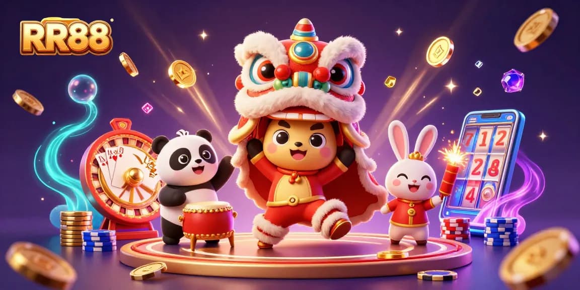 Join the fun at RR88 with a colorful lion dance and dazzling casino elements.