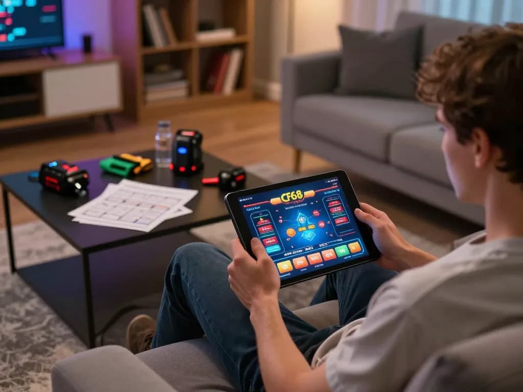 Engaging in online gaming at home with CF68 app on tablet, showcasing strategic gameplay.
