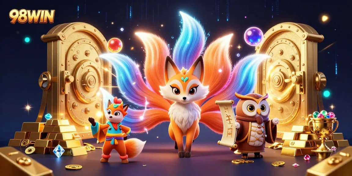 Experience the thrill of 98WIN with an enchanting illustration featuring vibrant characters and colorful casino themes.