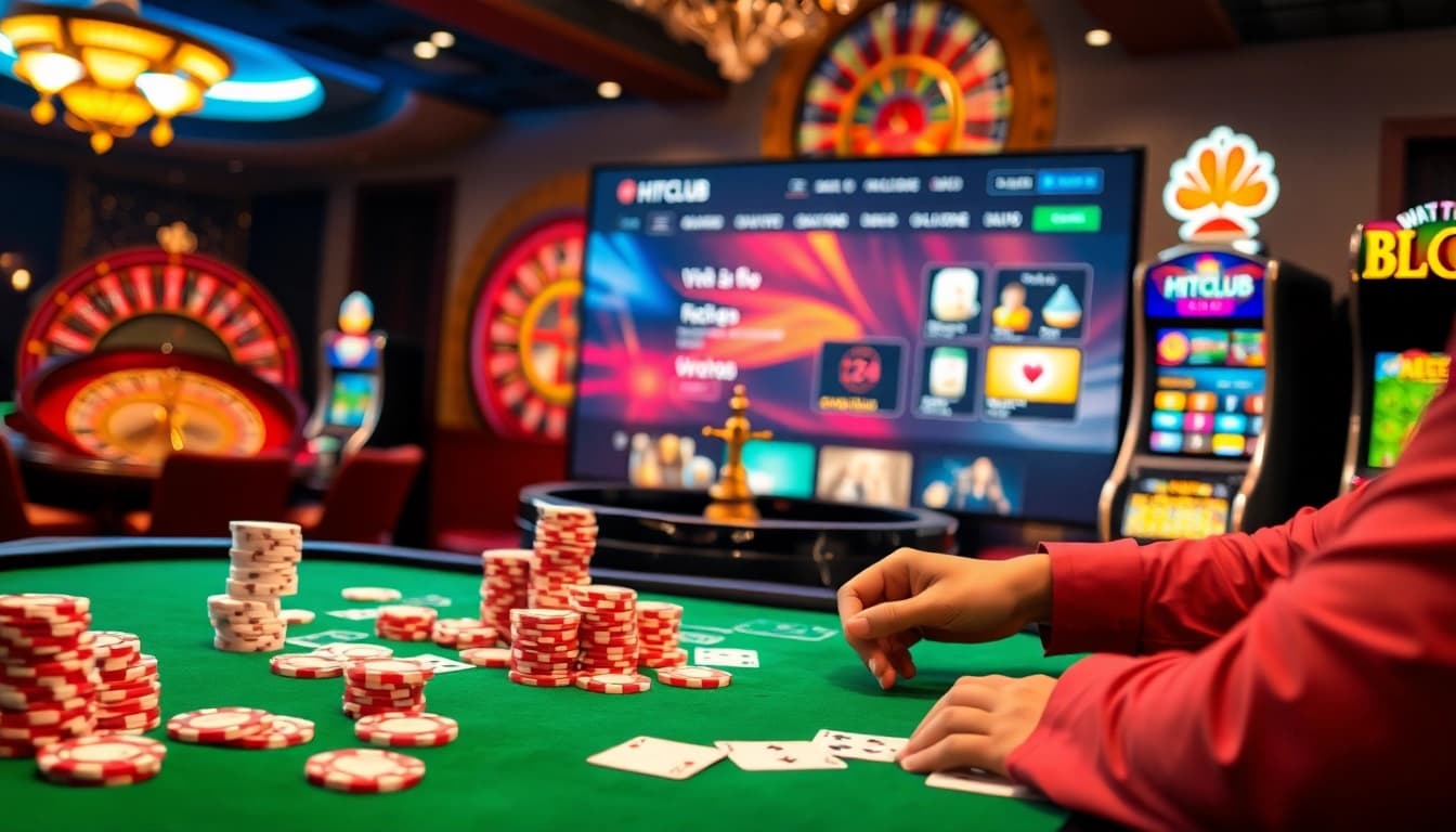 Experience the thrill of online gambling at Nhà cái HITCLUB with vibrant poker chips and roulette.