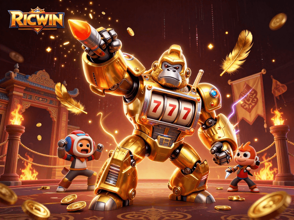 Capture thrilling RICWIN moments with a golden gorilla mech amidst swirling feathers and coins