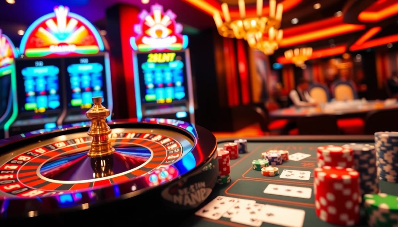 Experience the excitement of gaming at 23win com with vibrant casino elements like roulette and slot machines.