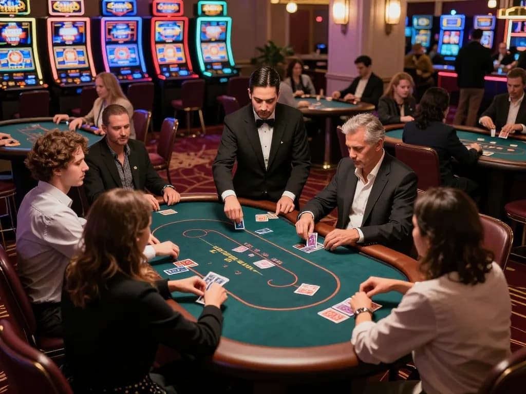 Players strategizing at NOHU90 poker tables amid a vibrant casino atmosphere, showcasing engaging gameplay.