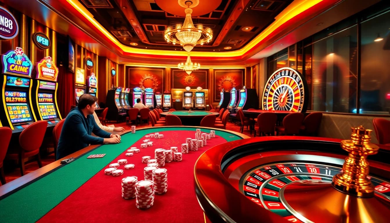 Experience OPEN88's thrilling casino ambiance with poker tables, slot machines, and roulette wheels.