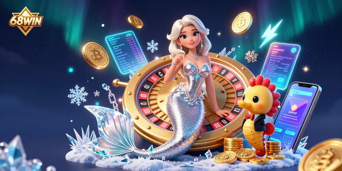Experience thrilling gaming at 68WIN with vibrant characters around a golden roulette wheel.