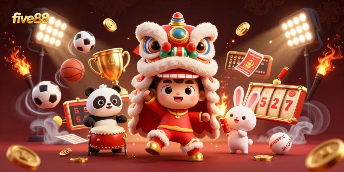 Experience thrilling action at five88 with an exciting lion dance and vibrant gaming elements.